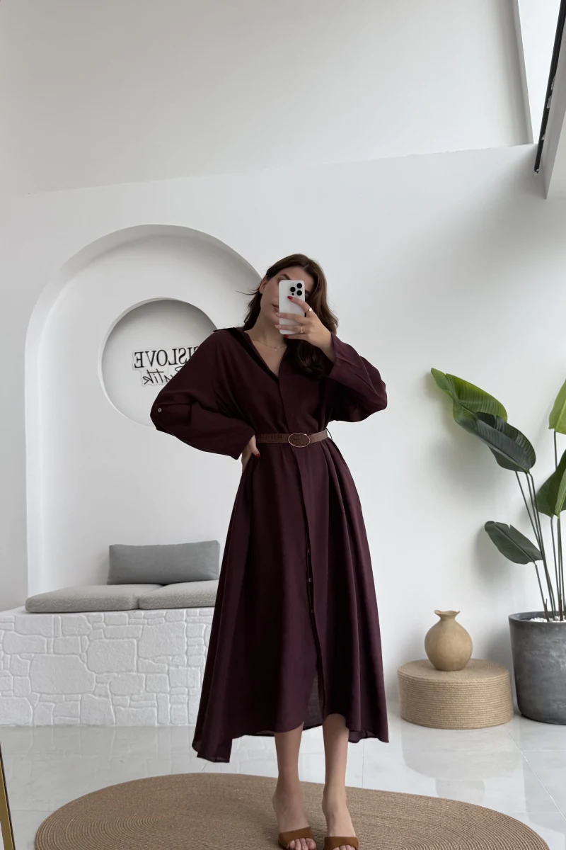 Roar Kemerli Gömlek Elbise - 3270 - Mürdüm