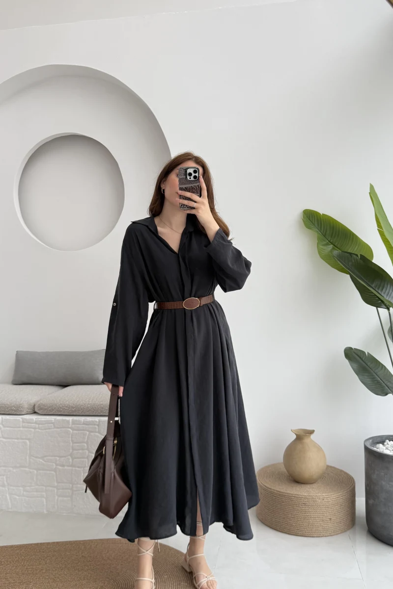 Roar Kemerli Gömlek Elbise - 3270 - Siyah