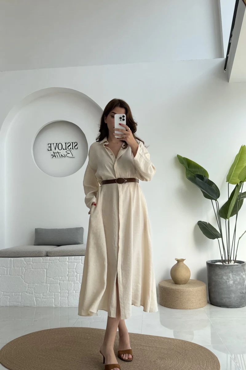 Roar Kemerli Gömlek Elbise - 3270 - Taş