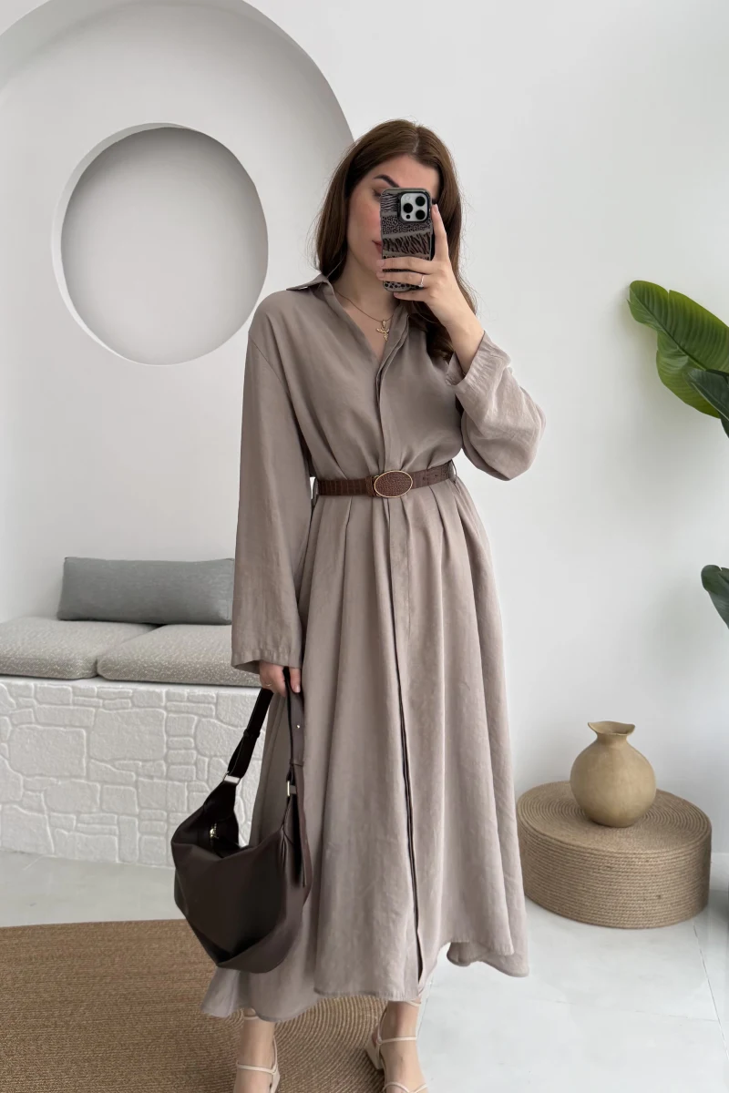 Roar Kemerli Gömlek Elbise - 3270 - Vizon