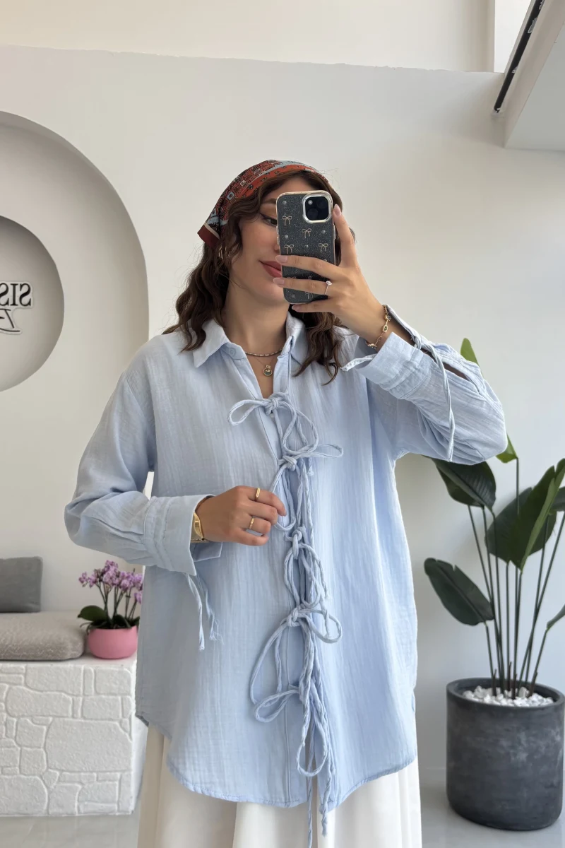 2088 - Roma Uzun Kollu Bağlamalı Gömlek - Bebe Mavisi
