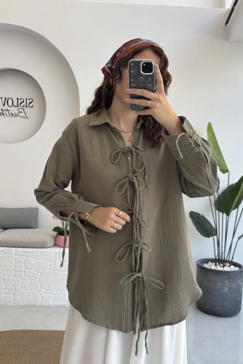 2088 - Roma Uzun Kollu Bağlamalı Gömlek - Haki