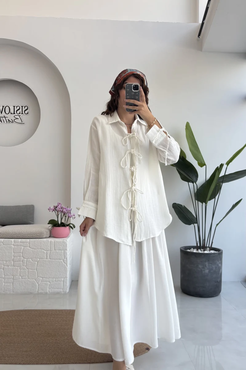 2088 - Roma Uzun Kollu Bağlamalı Gömlek - Kırık Beyaz