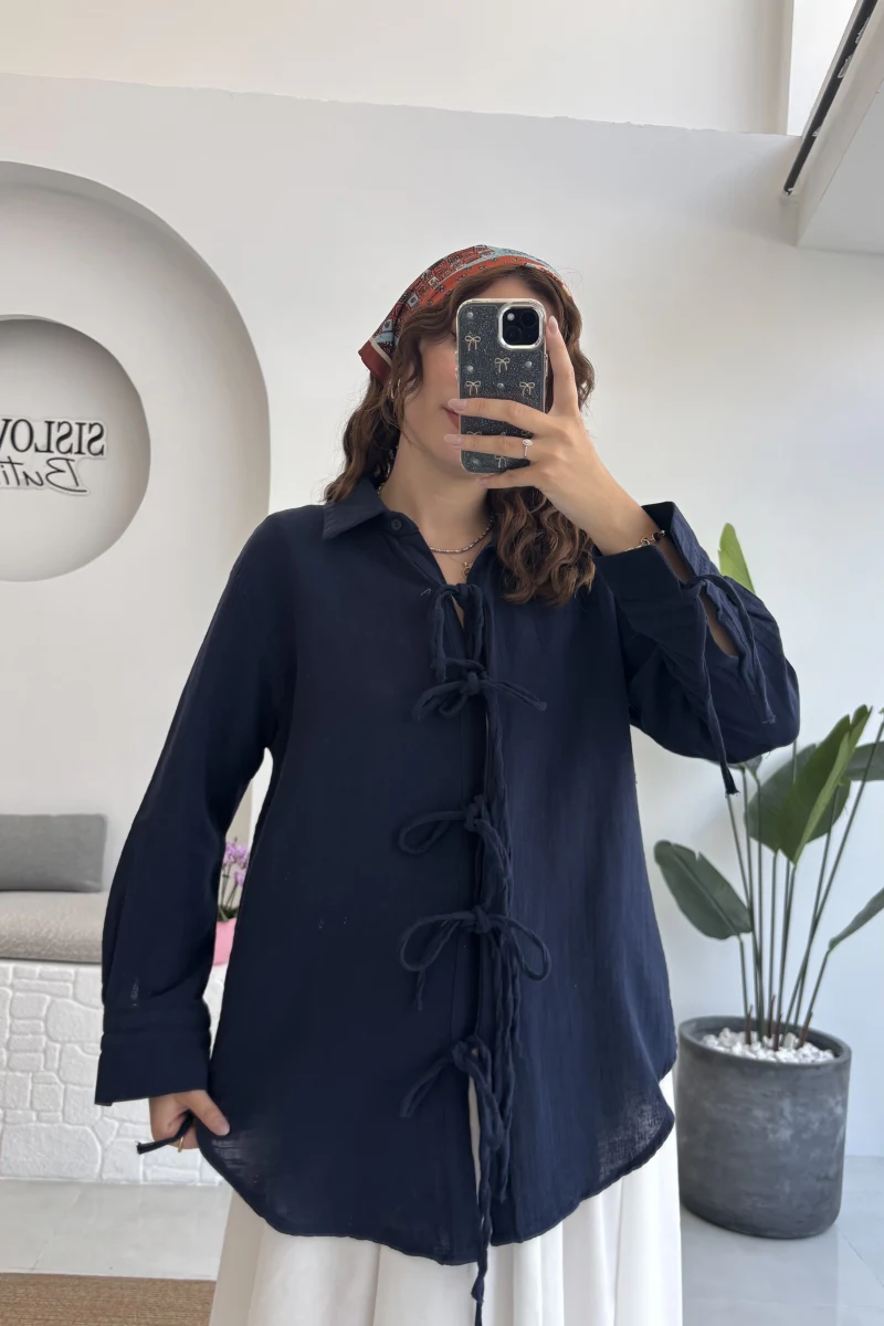 2088 - Roma Uzun Kollu Bağlamalı Gömlek - Lacivert