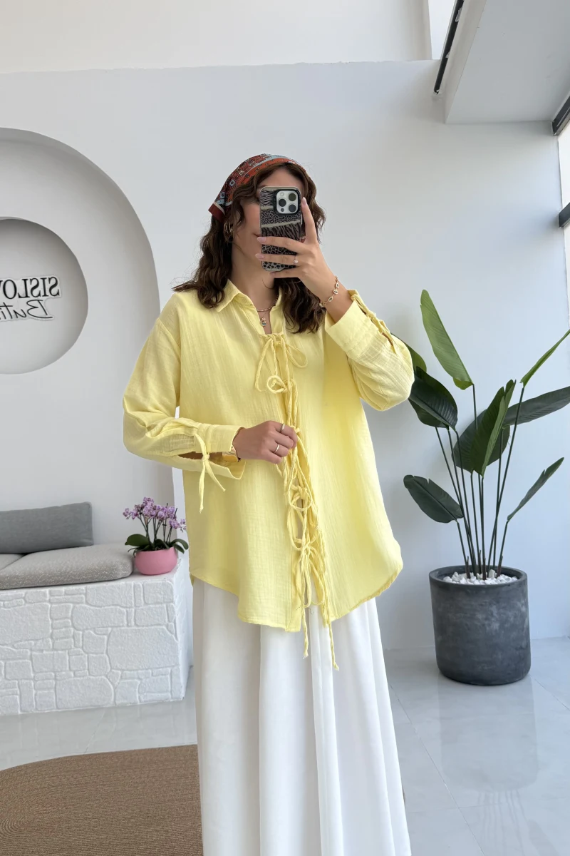 2088 - Roma Uzun Kollu Bağlamalı Gömlek - Sarı