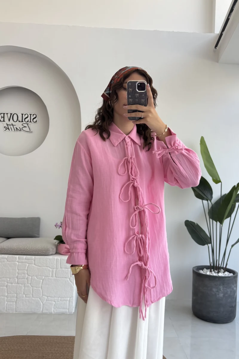 2088 - Roma Uzun Kollu Bağlamalı Gömlek - Şeker Pembesi