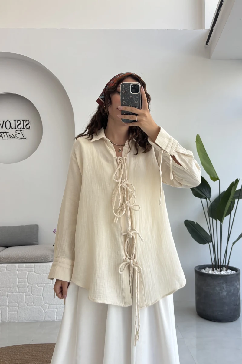 2088 - Roma Uzun Kollu Bağlamalı Gömlek - Taş