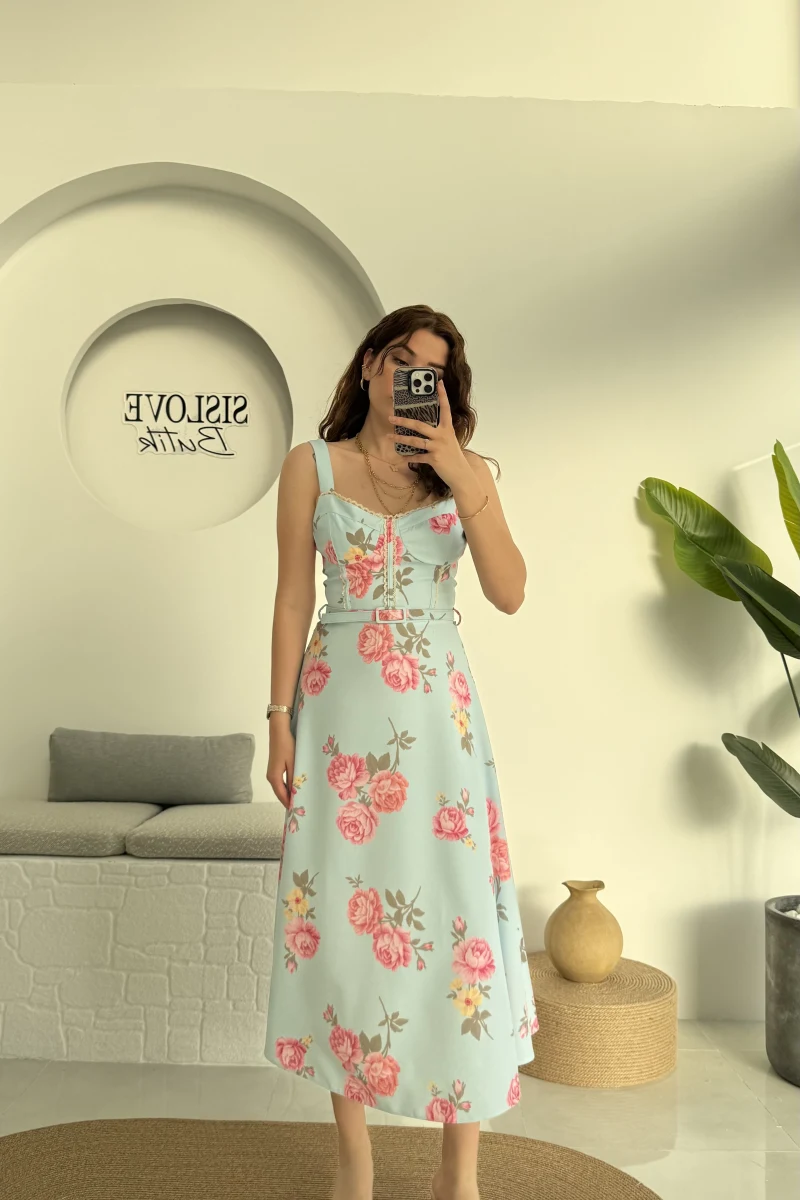 Rosa Kemerli Elbise - Bebe Mavisi - 8582