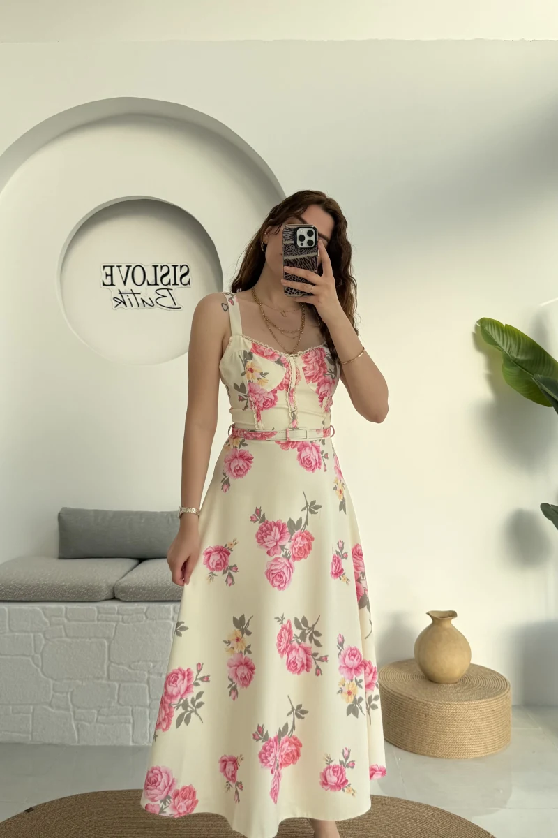 Rosa Kemerli Elbise - Ekru - 8582