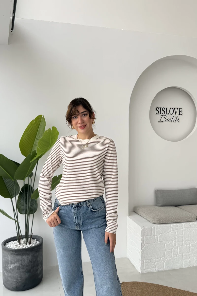 Rosalind Uzun Kollu Çizgili Bluz - Kahverengi