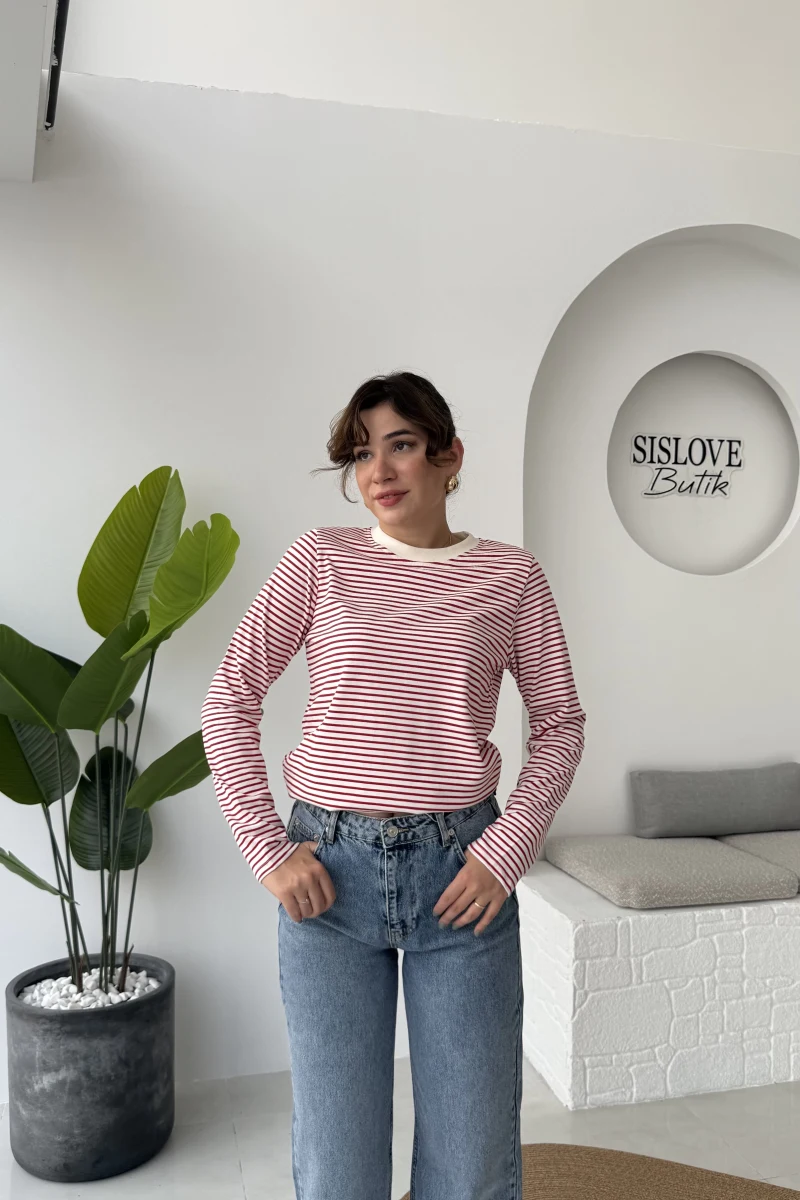 Rosalind Uzun Kollu Çizgili Bluz - Kırmızı