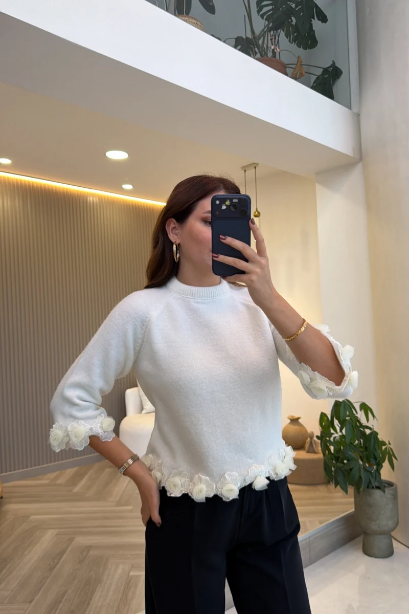 Rose Detay Triko Kazak - Ekru - Kod: 9108
