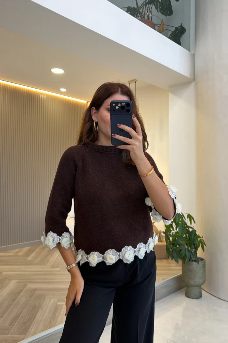 Rose Detay Triko Kazak - Kahve - Kod: 9108