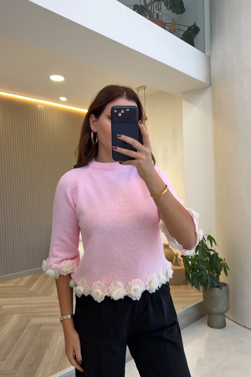 Rose Detay Triko Kazak - Pembe - Kod: 9108