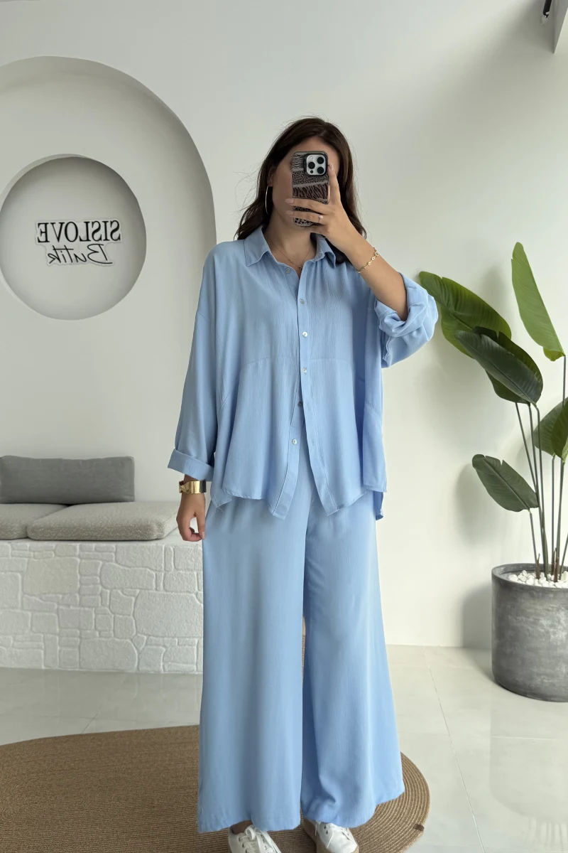 Roxy Gofre Gömlek Pantolon Takım - Mavi - 8008