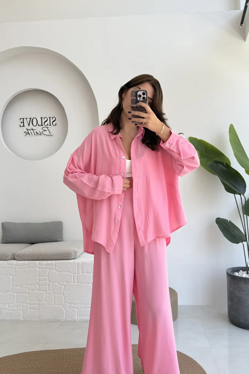 Roxy Gofre Gömlek Pantolon Takım - Pembe - 8008
