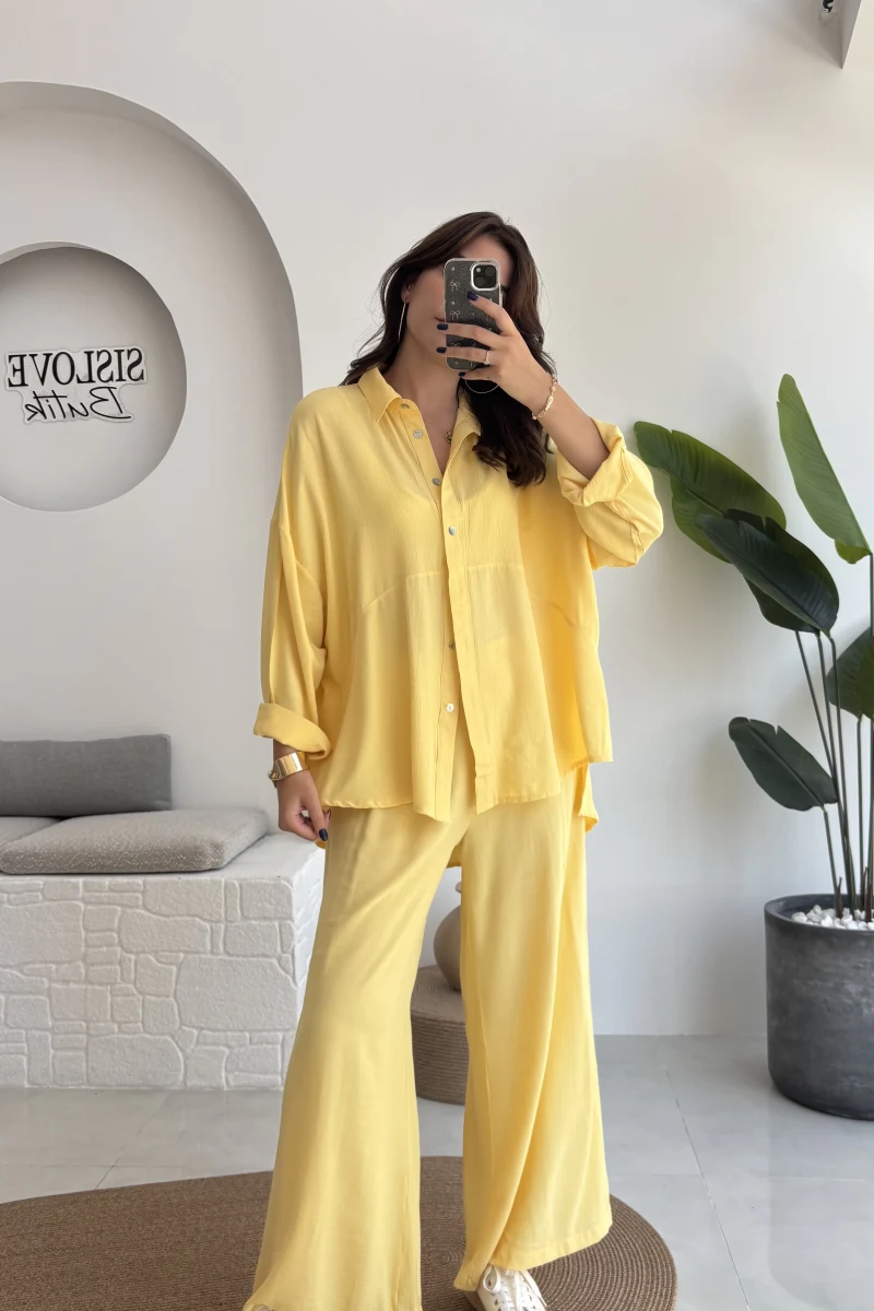 Roxy Gofre Gömlek Pantolon Takım - Sarı - 8008