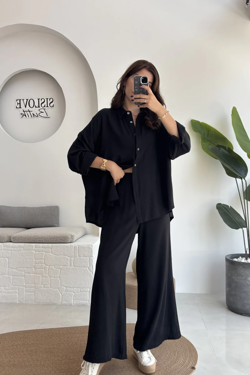 Roxy Gofre Gömlek Pantolon Takım - Siyah - 8008