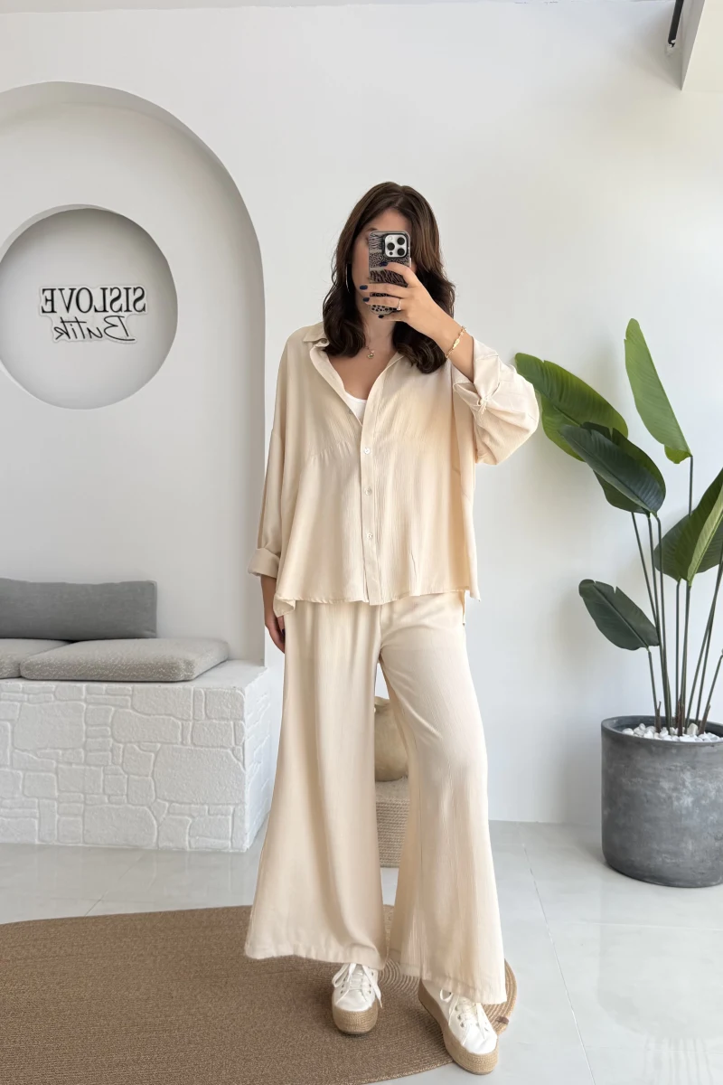 Roxy Gofre Gömlek Pantolon Takım - Taş - 8008