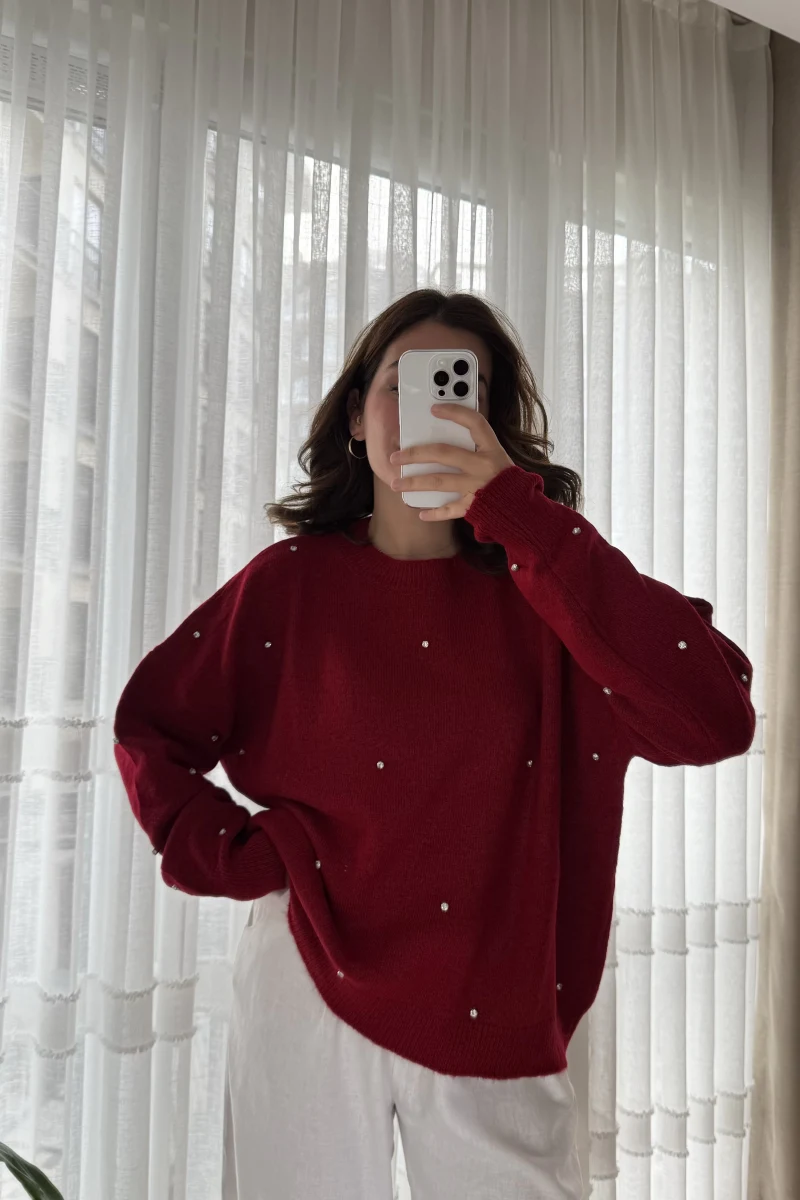 Rozalin Taşlı Kırmızı Triko Kazak