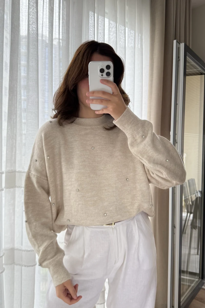 Rozalin Taşlı Krem Triko Kazak