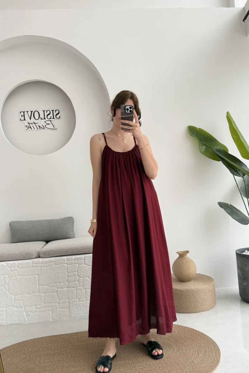 Ru Dökümlü Viskon Elbise - Bordo - 3013