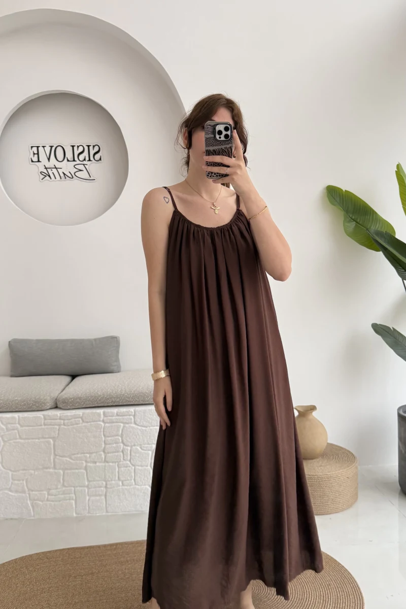 Ru Dökümlü Viskon Elbise - Kahve - 3013