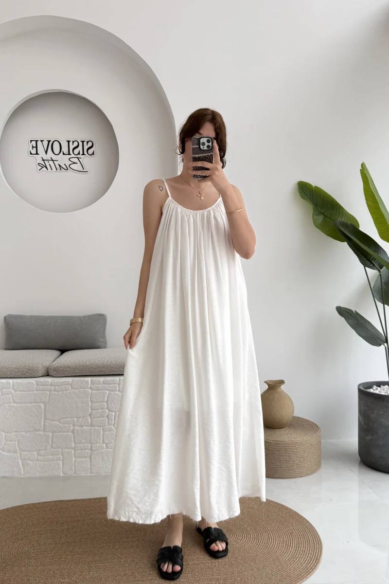 Ru Dökümlü Viskon Elbise - Kırık Beyaz - 3013