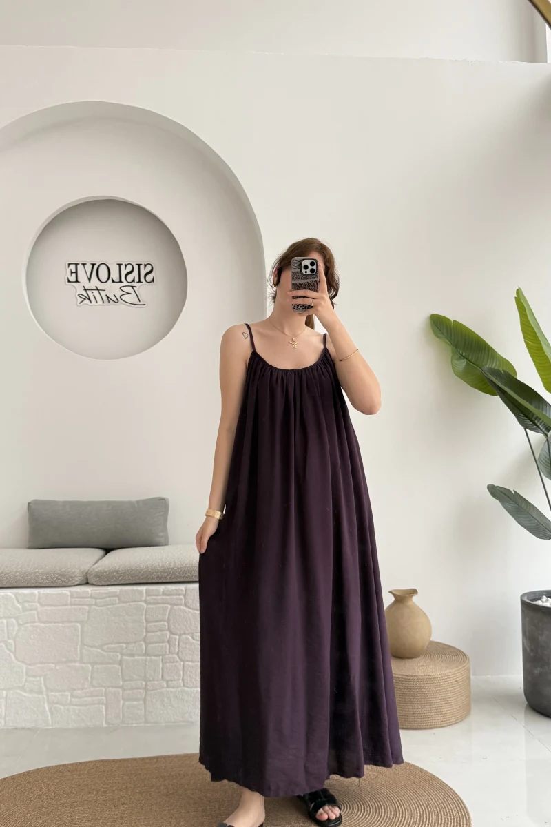 Ru Dökümlü Viskon Elbise - Mürdüm - 3013