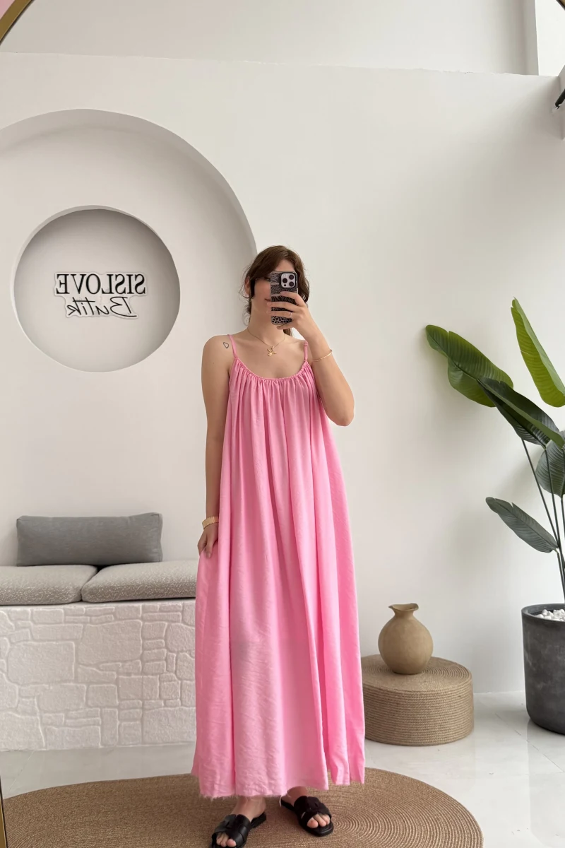 Ru Dökümlü Viskon Elbise - Pembe - 3013