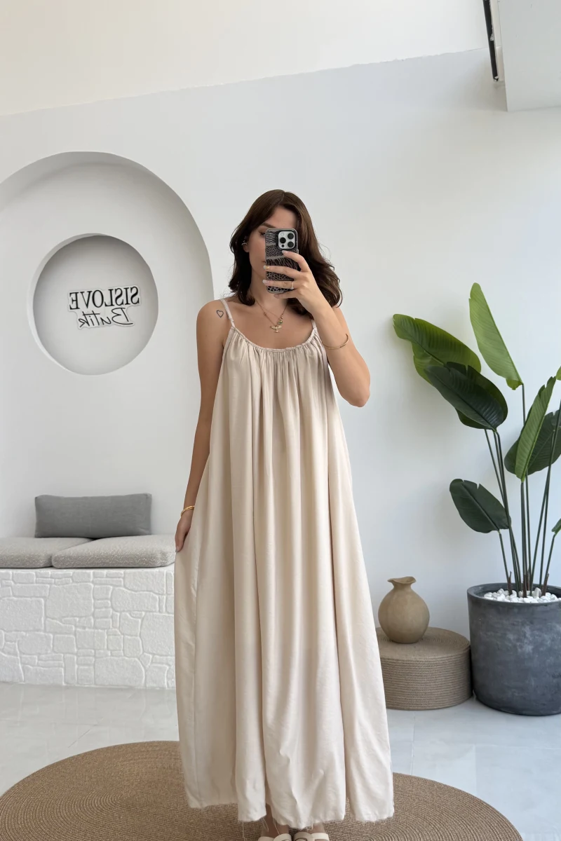 Ru Dökümlü Viskon Elbise - Taş - 3013