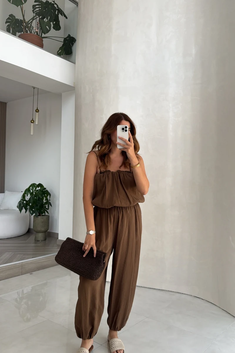Ruby Askılı Balon Bluz Şalvar Pantolon Takım - Kahve - Kod: 581171