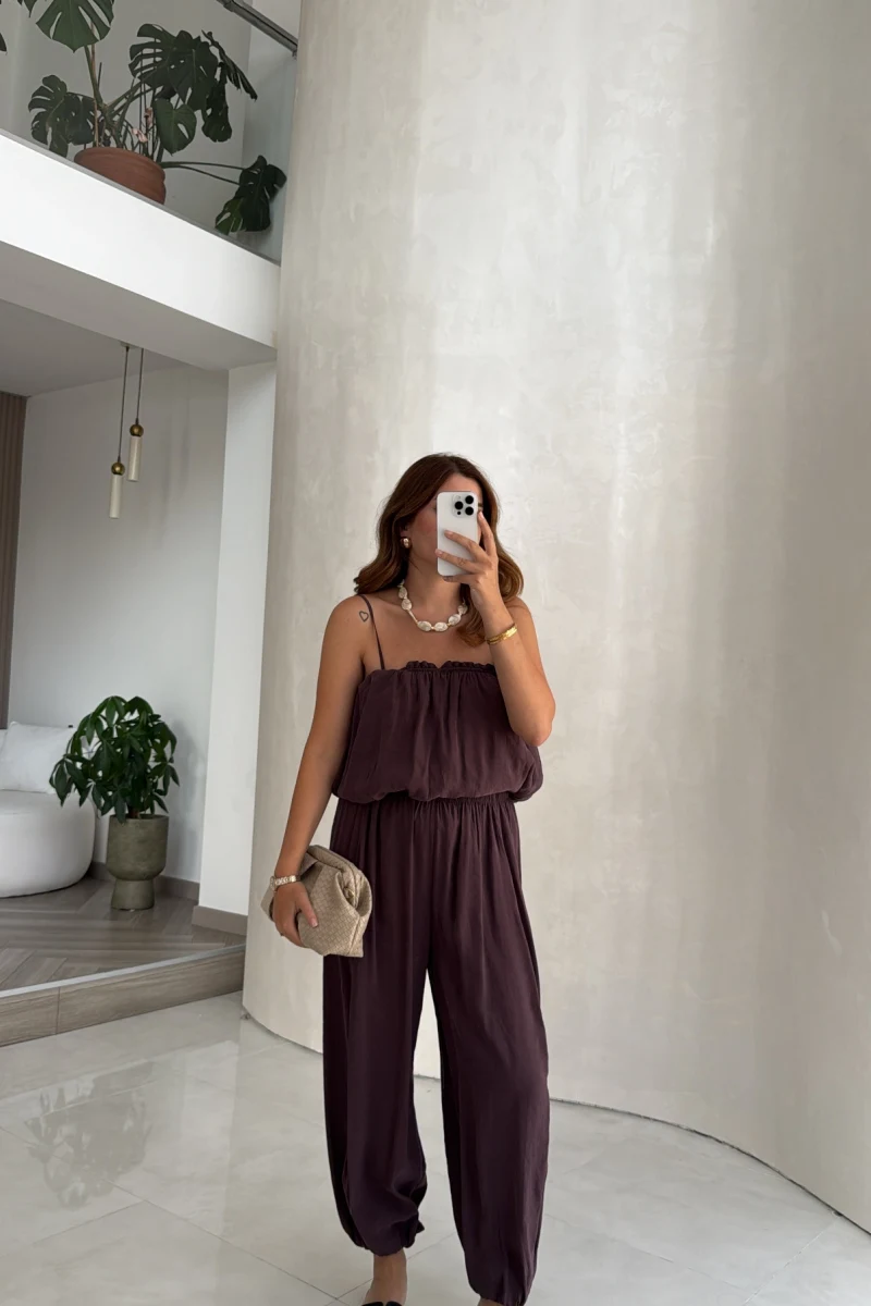 Ruby Askılı Balon Bluz Şalvar Pantolon Takım - Mürdüm - Kod: 581171