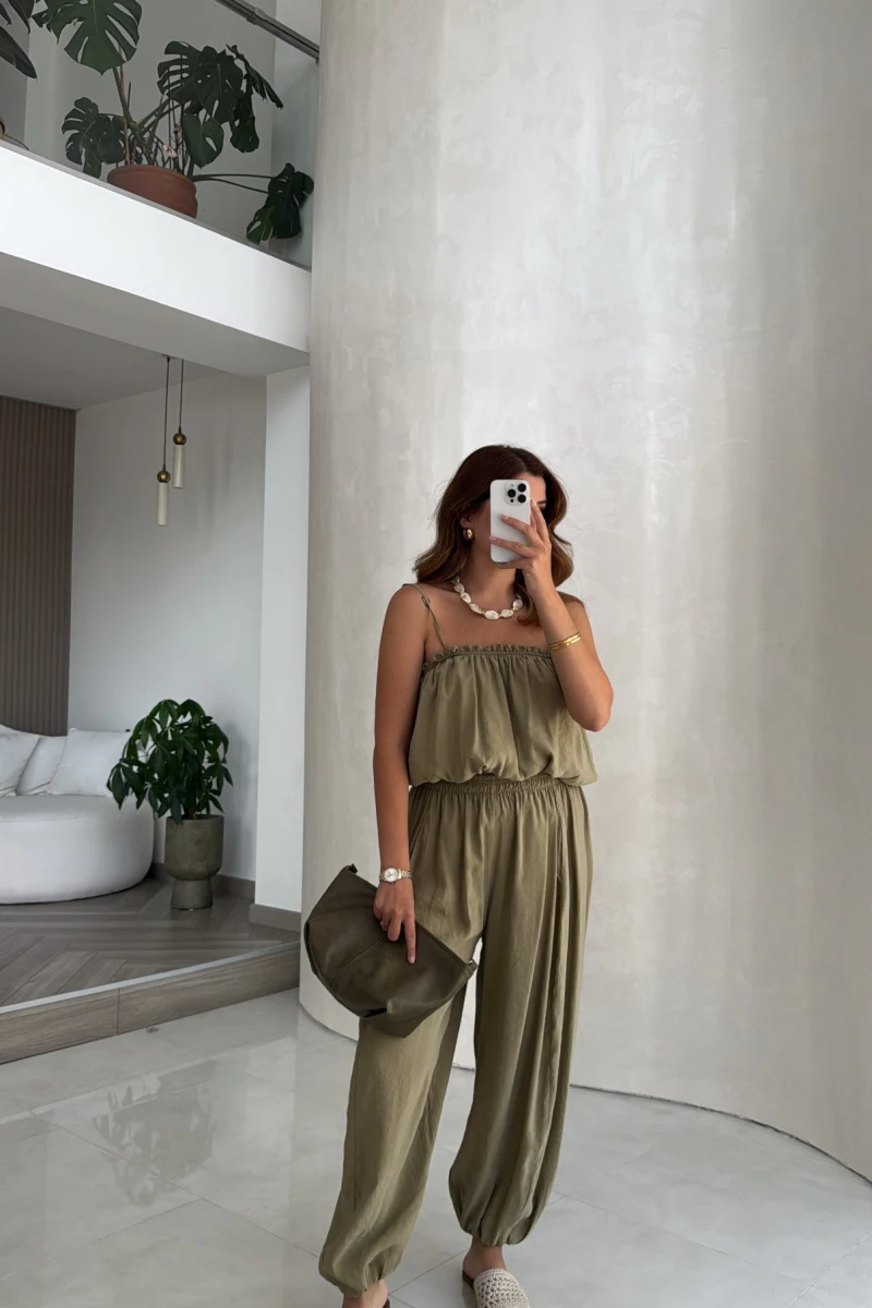Ruby Askılı Balon Bluz Şalvar Pantolon Takım - Yeşil - Kod: 581171