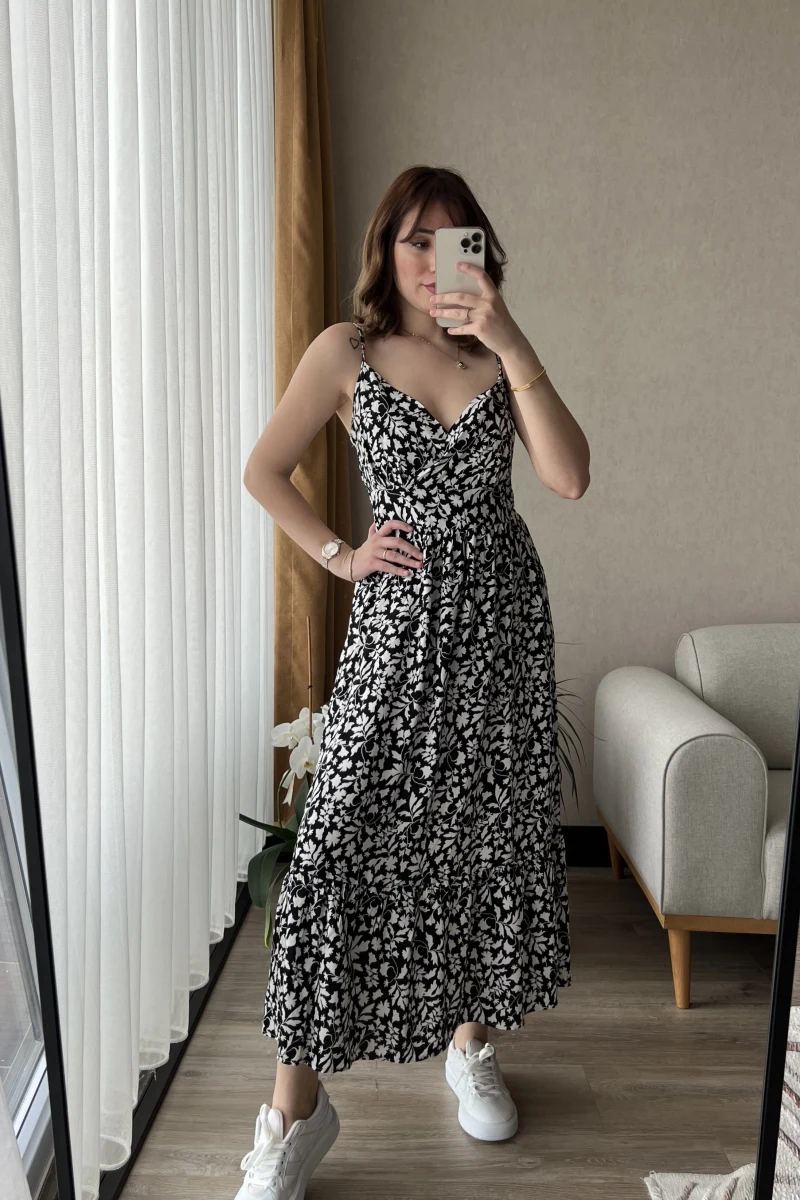 Russell Siyah Beyaz Midi Boy Elbise