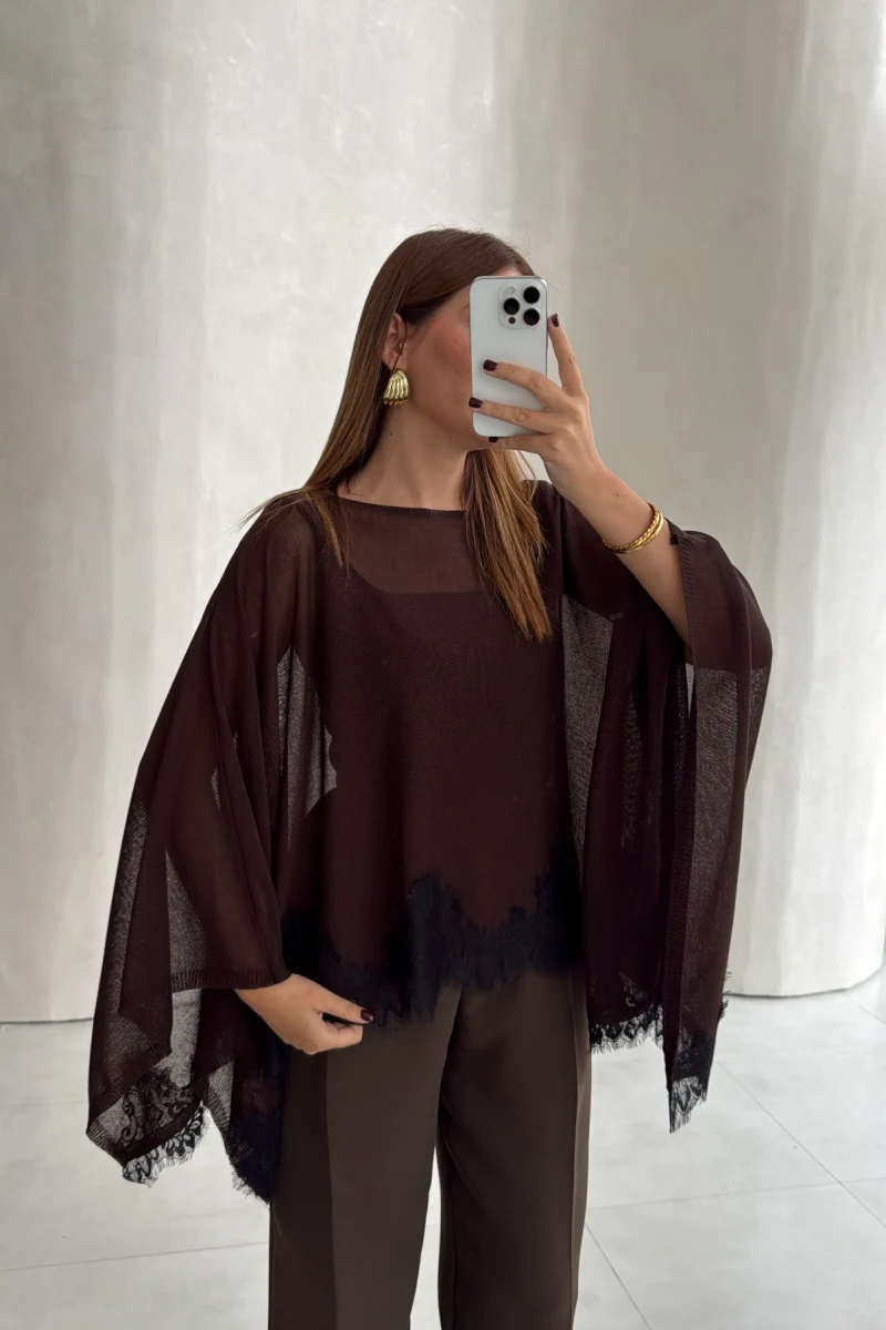 Rusty Dantel Detay Transparan Pelerin - Kahve - Kod: 2856