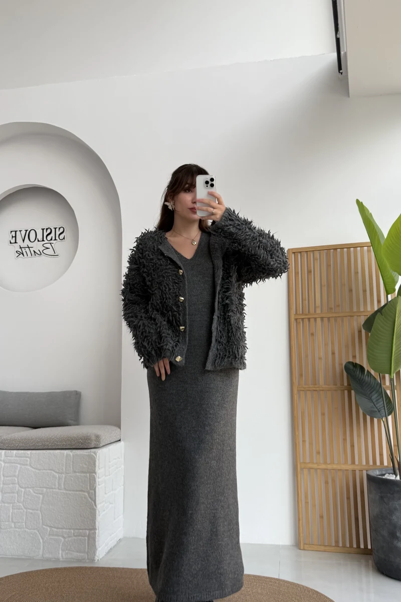 Saçaklı Hırka Elbise Takım - Antrasit - Kod: 9062-9063