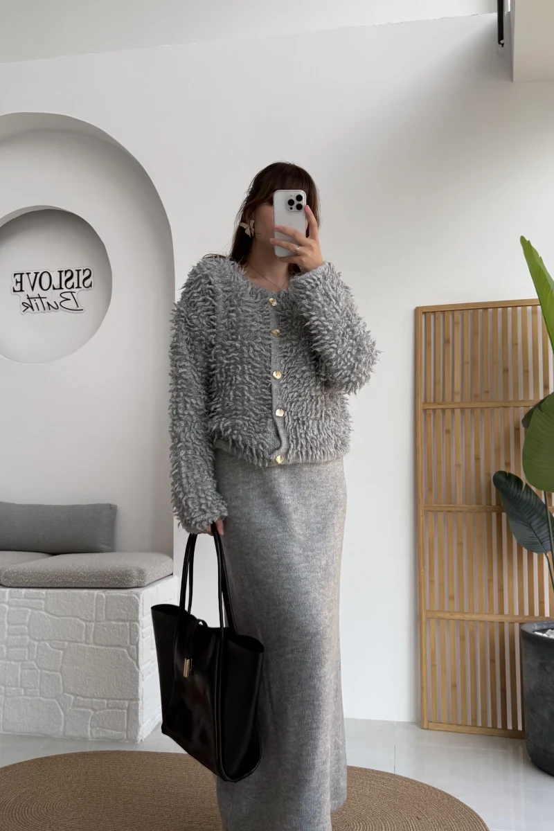 Saçaklı Hırka Elbise Takım - Gri - Kod: 9062-9063