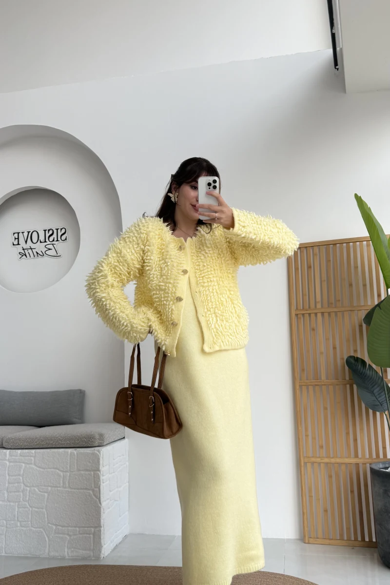 Saçaklı Hırka Elbise Takım - Sarı - Kod: 9062-9063