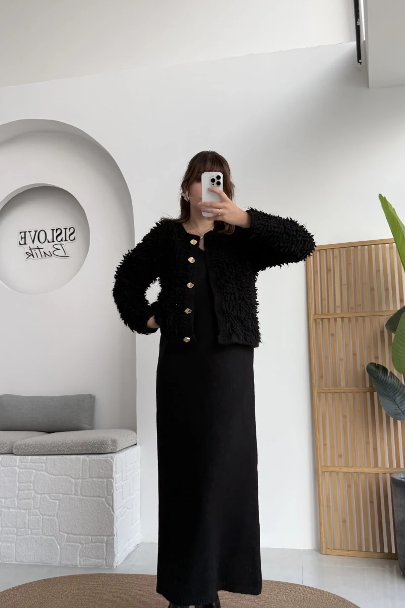 Saçaklı Hırka Elbise Takım - Siyah - Kod: 9062-9063