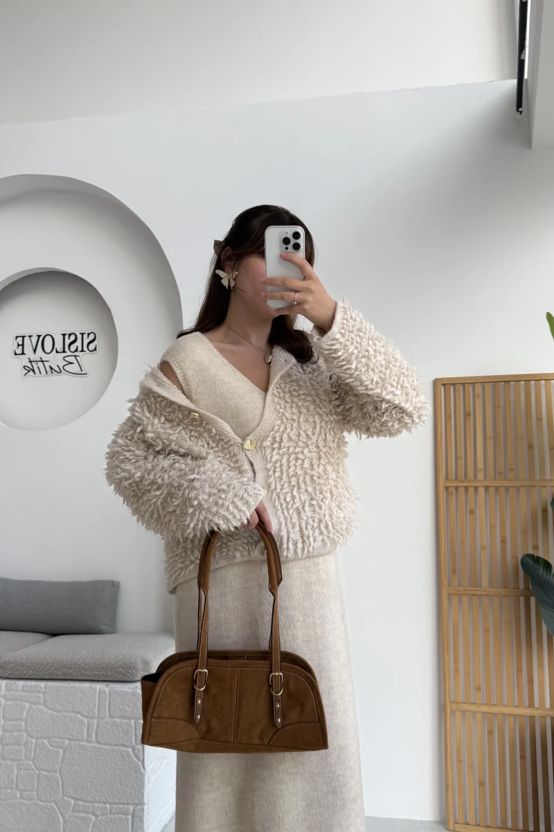 Saçaklı Hırka Elbise Takım - Taş - Kod: 9062-9063