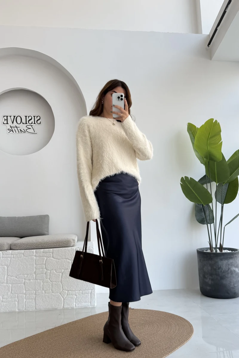 Sadie Midi Saten Etek - Lacivert - Kod: 5014