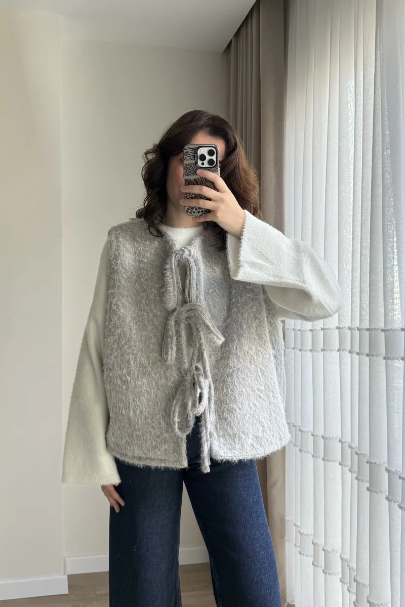 Sakallı Astarlı Tasarım Gri Yelek