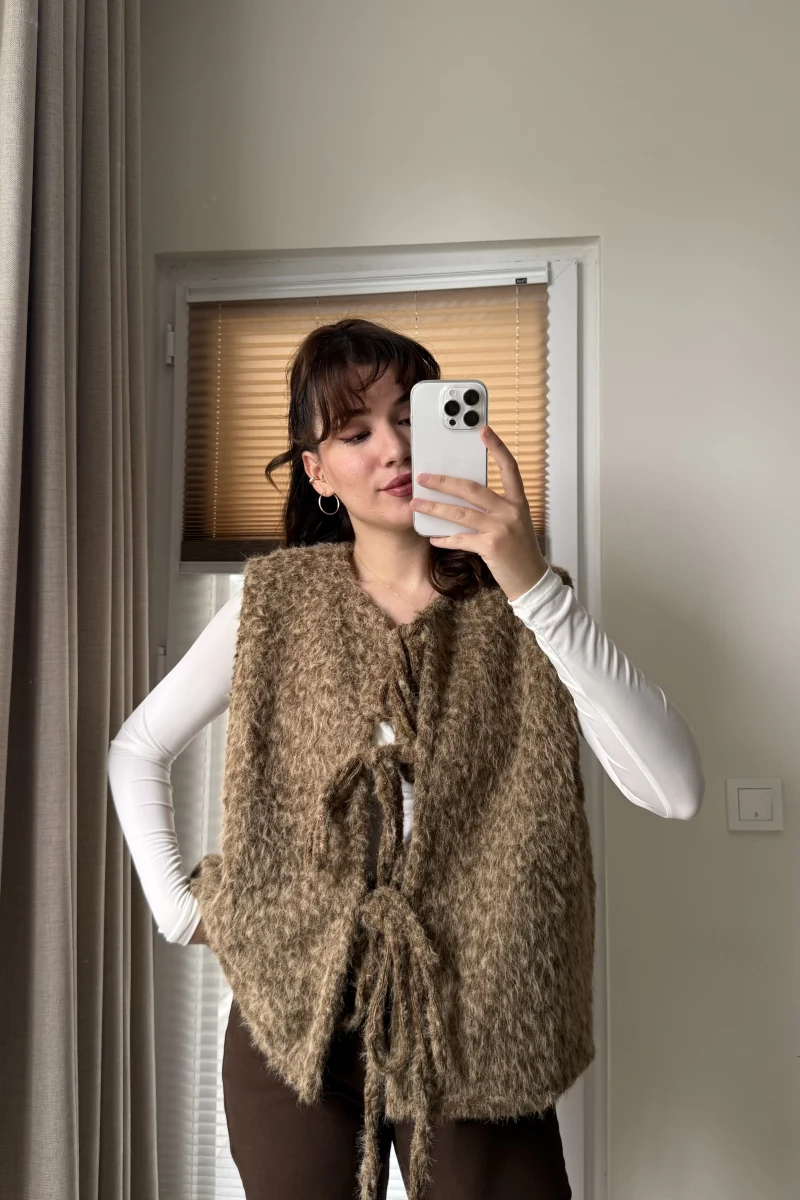 Sakallı Astarlı Tasarım Kahverengi Yelek