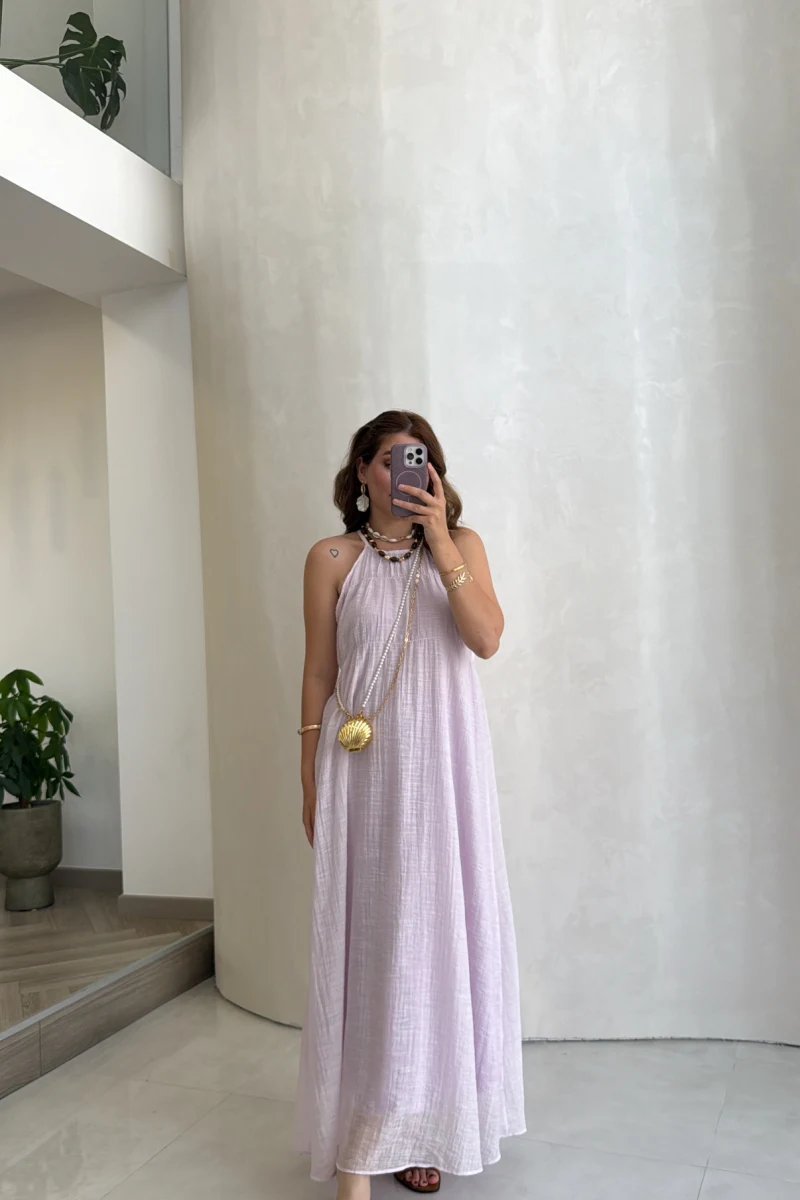 Şallı Askılı Elbise - Lila - Kod: 3428