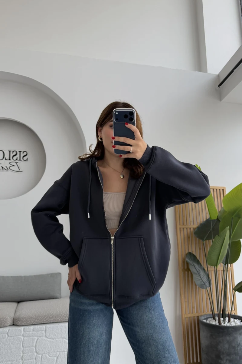Samantha 3 İplik Fermuarlı Kapüşonlu Hırka - Antrasit - Kod: 2992