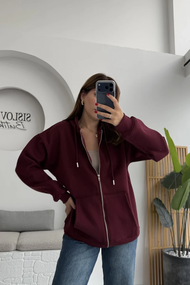 Samantha 3 İplik Fermuarlı Kapüşonlu Hırka - Bordo- Kod: 2992