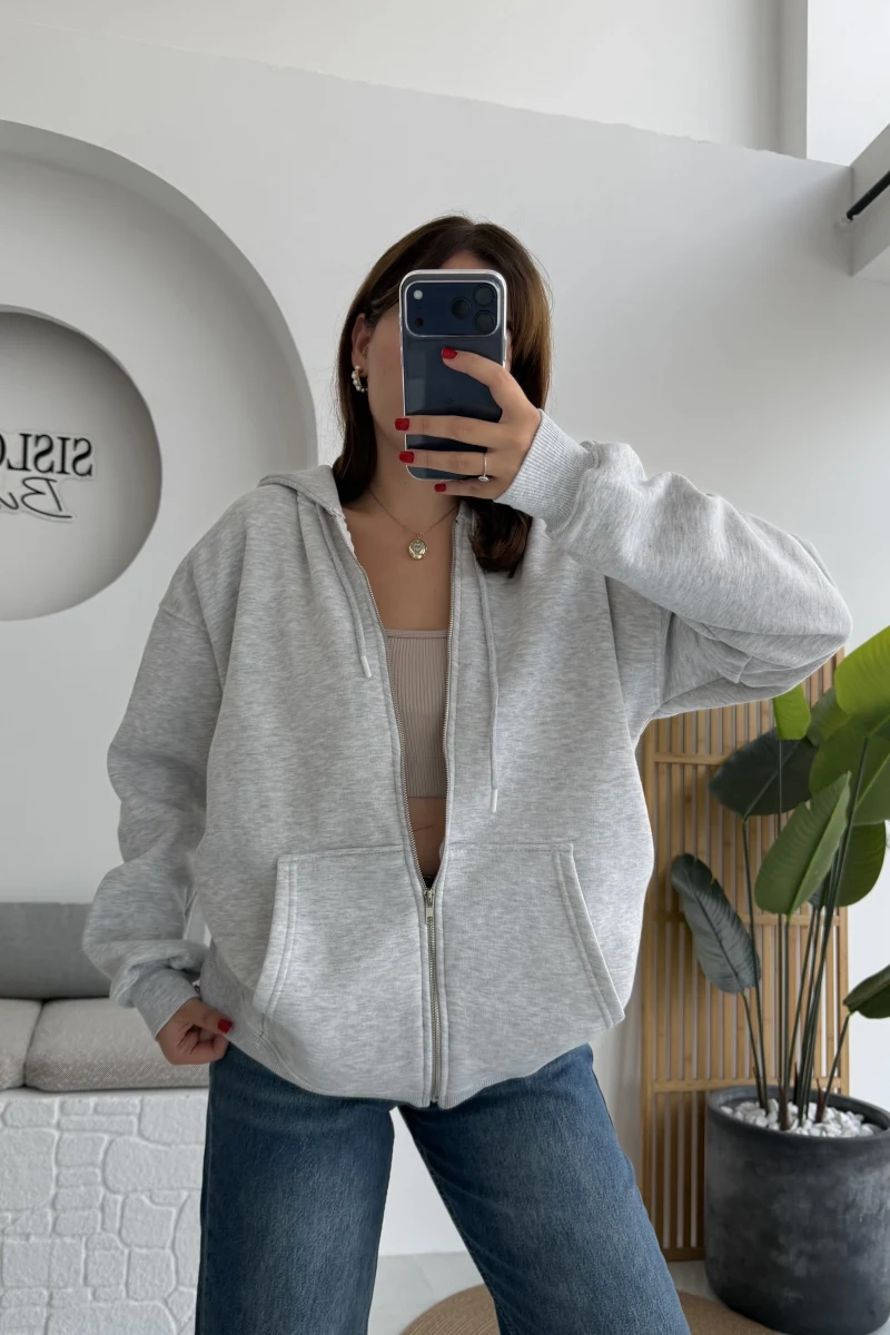 Samantha 3 İplik Fermuarlı Kapüşonlu Hırka - Gri - Kod: 2992