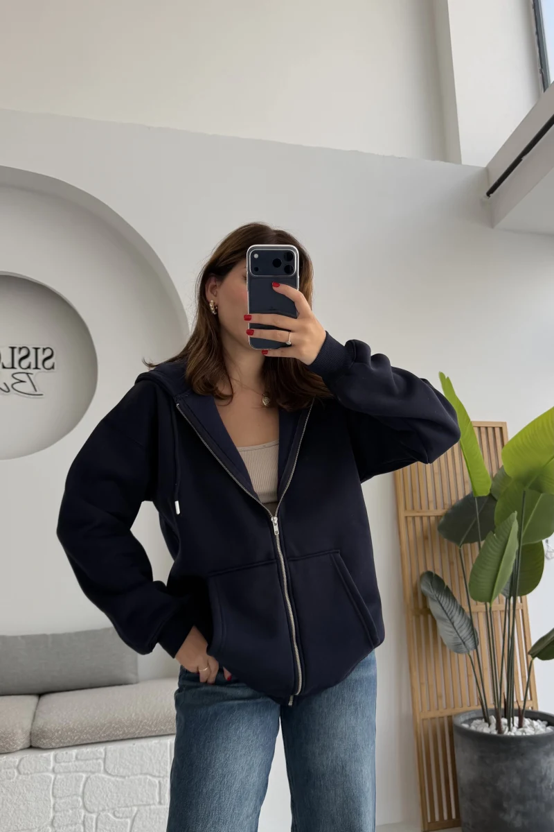 Samantha 3 İplik Fermuarlı Kapüşonlu Hırka - Lacivert - Kod: 2992