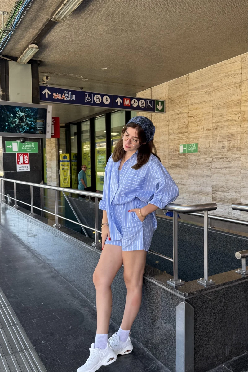 Sante Çizgili Şort Gömlek Takım - Açık Mavi - 51177